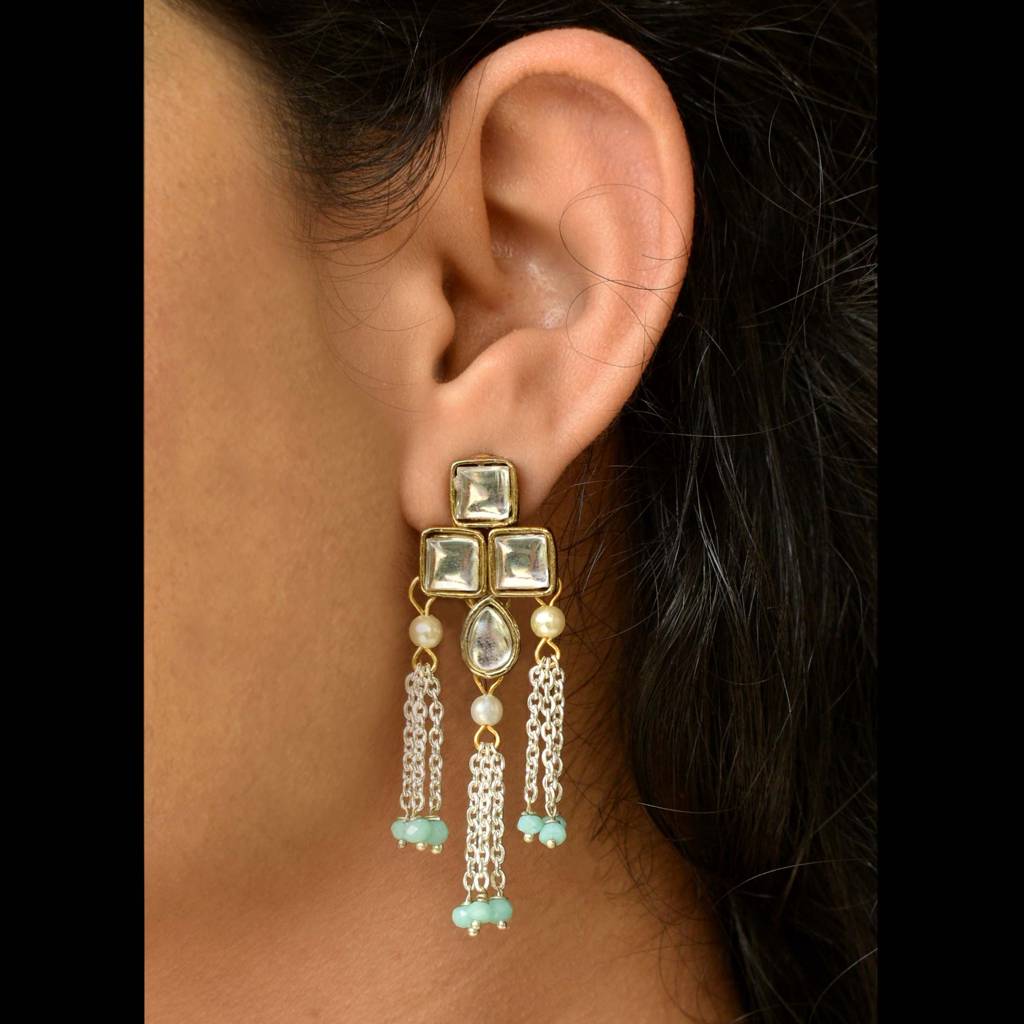Silver Color Drop Chain & Kundan Earrings : ACE229