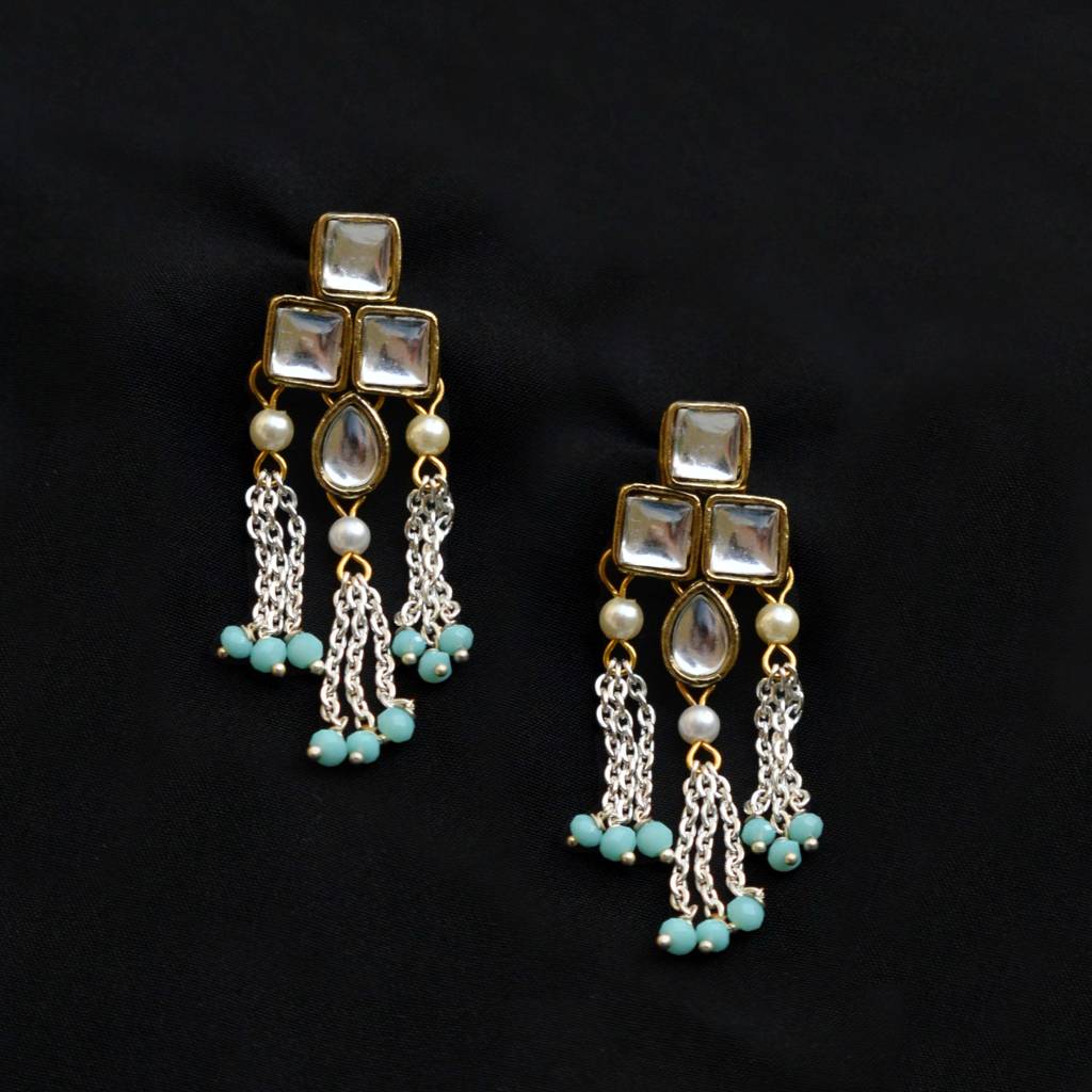 Silver Color Drop Chain & Kundan Earrings : ACE229