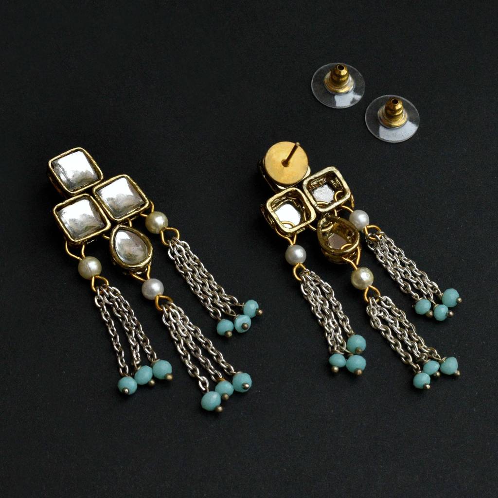 Silver Color Drop Chain & Kundan Earrings : ACE229