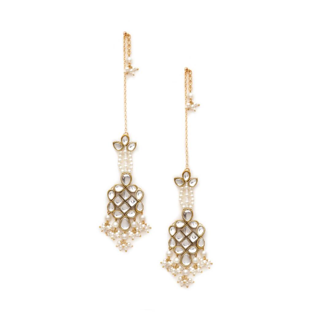 Gold Tone White Beads Kundan Kanauti Earrings : ACE270