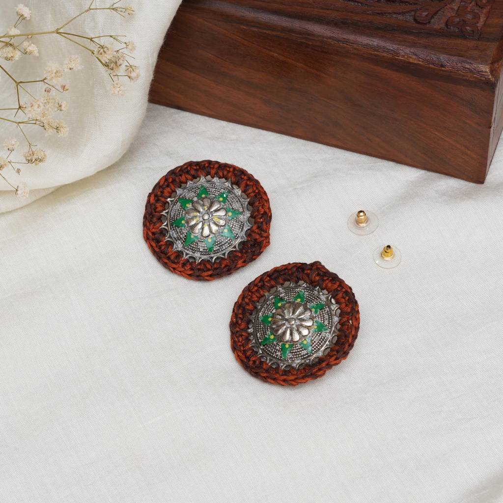 Vintage Green & Copper Crochet Earrings : ACE292