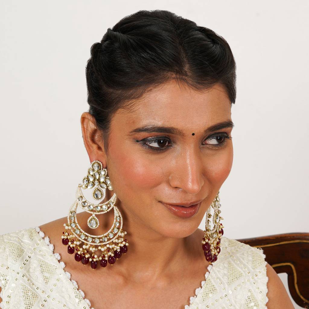 Royal Kundan Chandbali Earrings With Pearls & Maroon Semi Precious Stones : ACE294