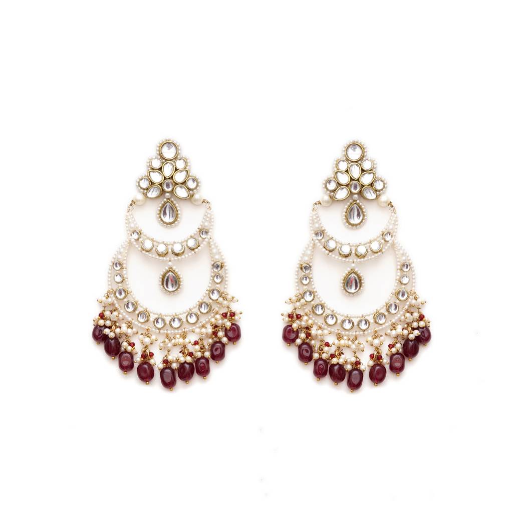 Royal Kundan Chandbali Earrings With Pearls & Maroon Semi Precious Stones : ACE294