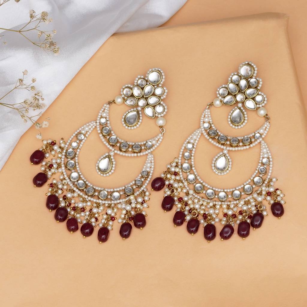 Royal Kundan Chandbali Earrings With Pearls & Maroon Semi Precious Stones : ACE294