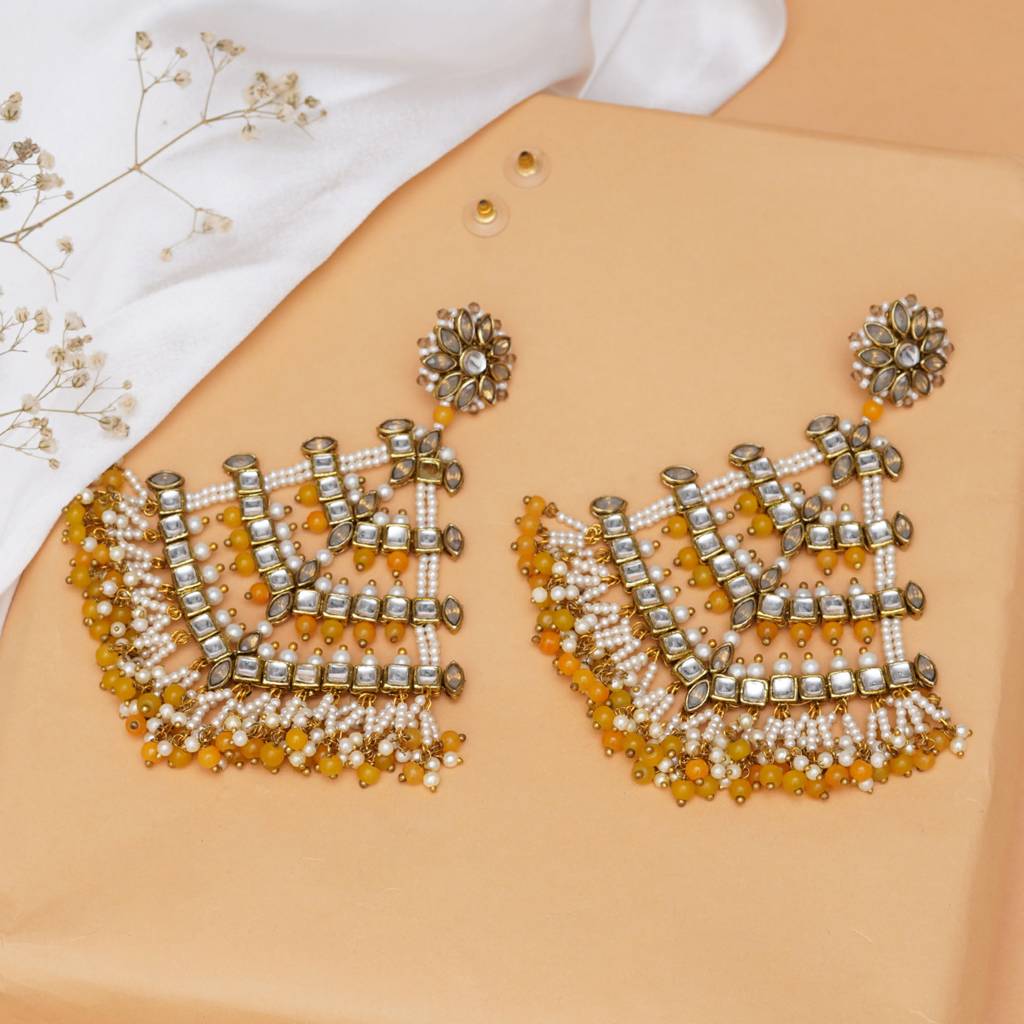 Traditional Kundan Dangler Earrings With Yellow Beads & White Pearls : ACE296