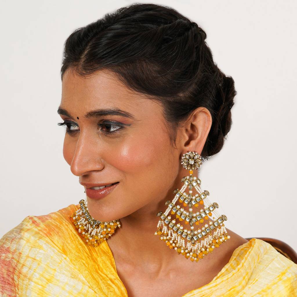 Traditional Kundan Dangler Earrings With Yellow Beads & White Pearls : ACE296