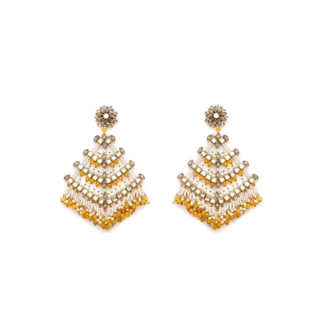 Traditional Kundan Dangler Earrings With Yellow Beads & White Pearls : ACE296
