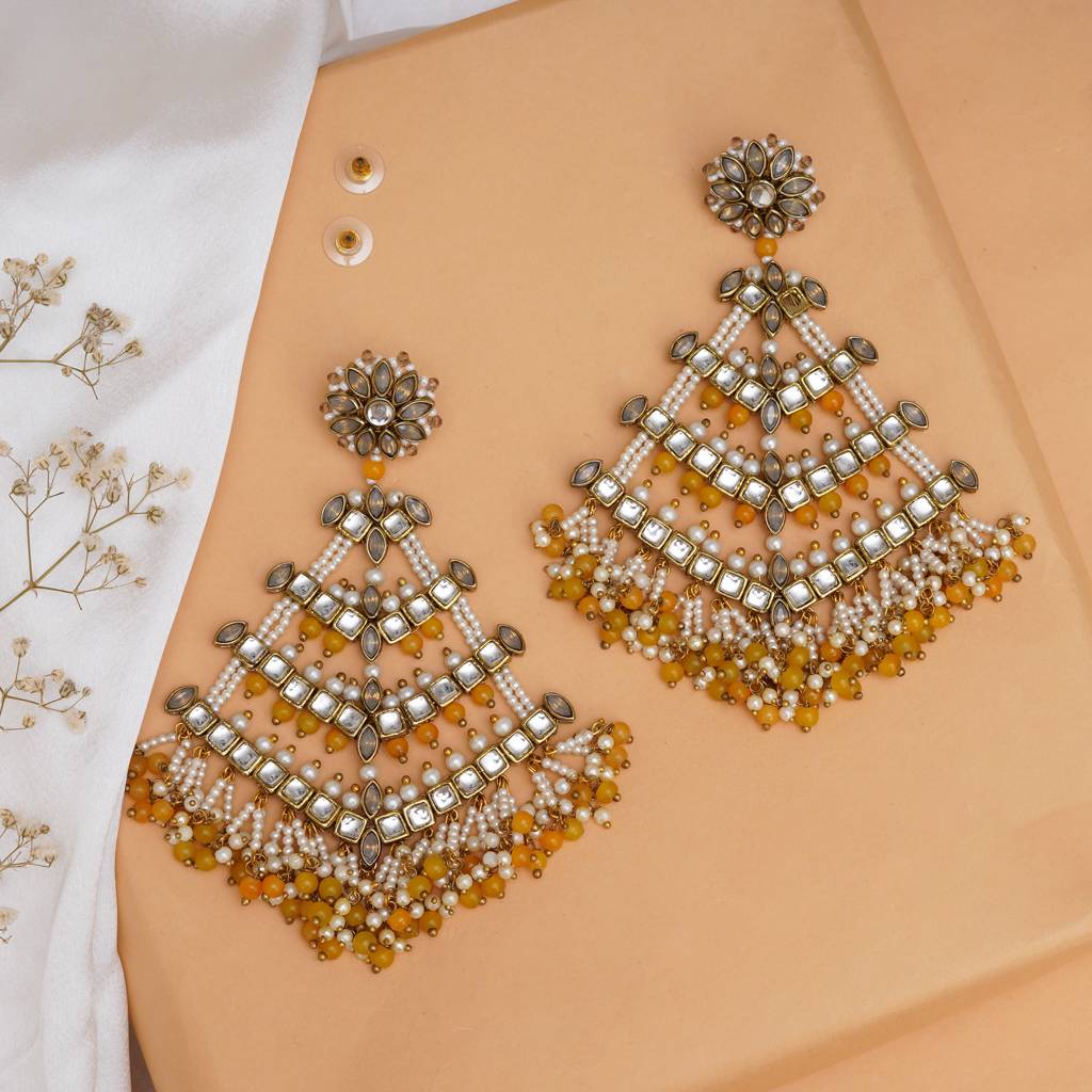 Traditional Kundan Dangler Earrings With Yellow Beads & White Pearls : ACE296