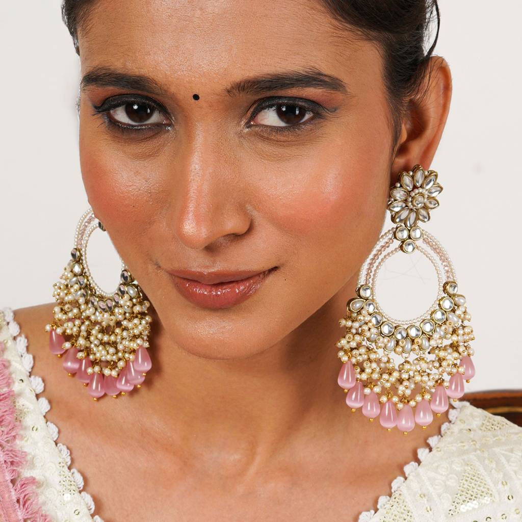 Rose Pink Crystal Kundan Chandbali Earrings With Pearls : ACE298