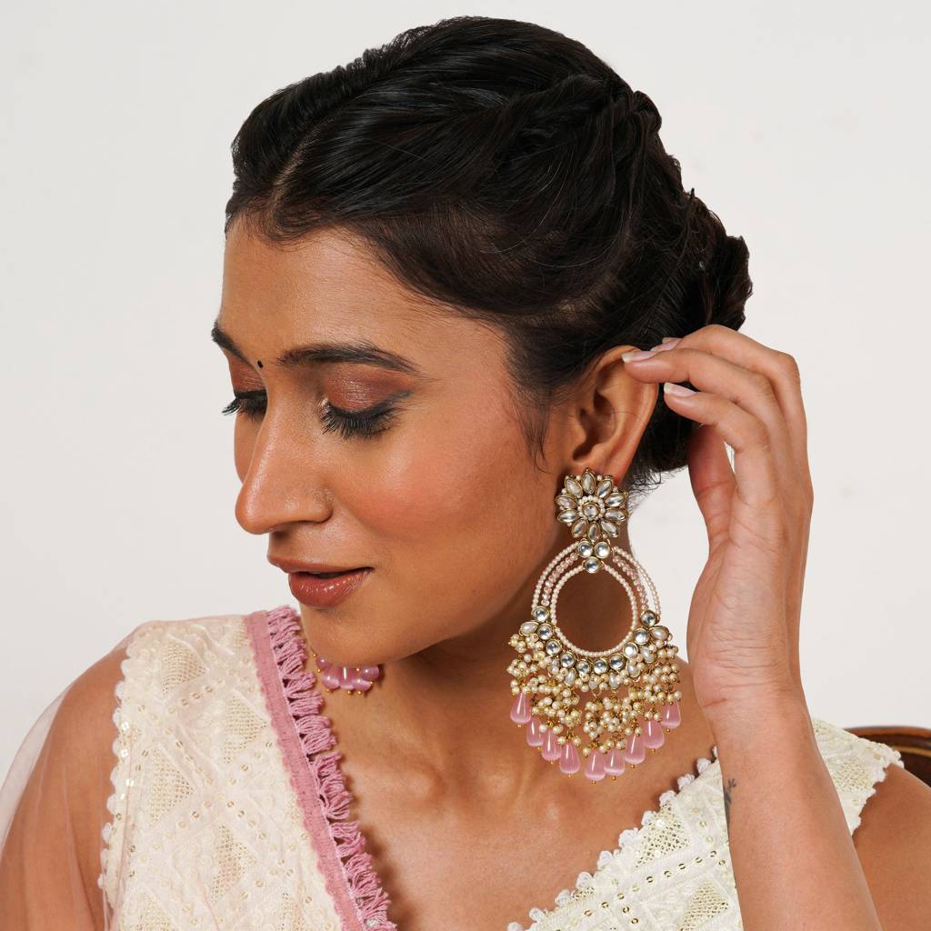 Rose Pink Crystal Kundan Chandbali Earrings With Pearls : ACE298