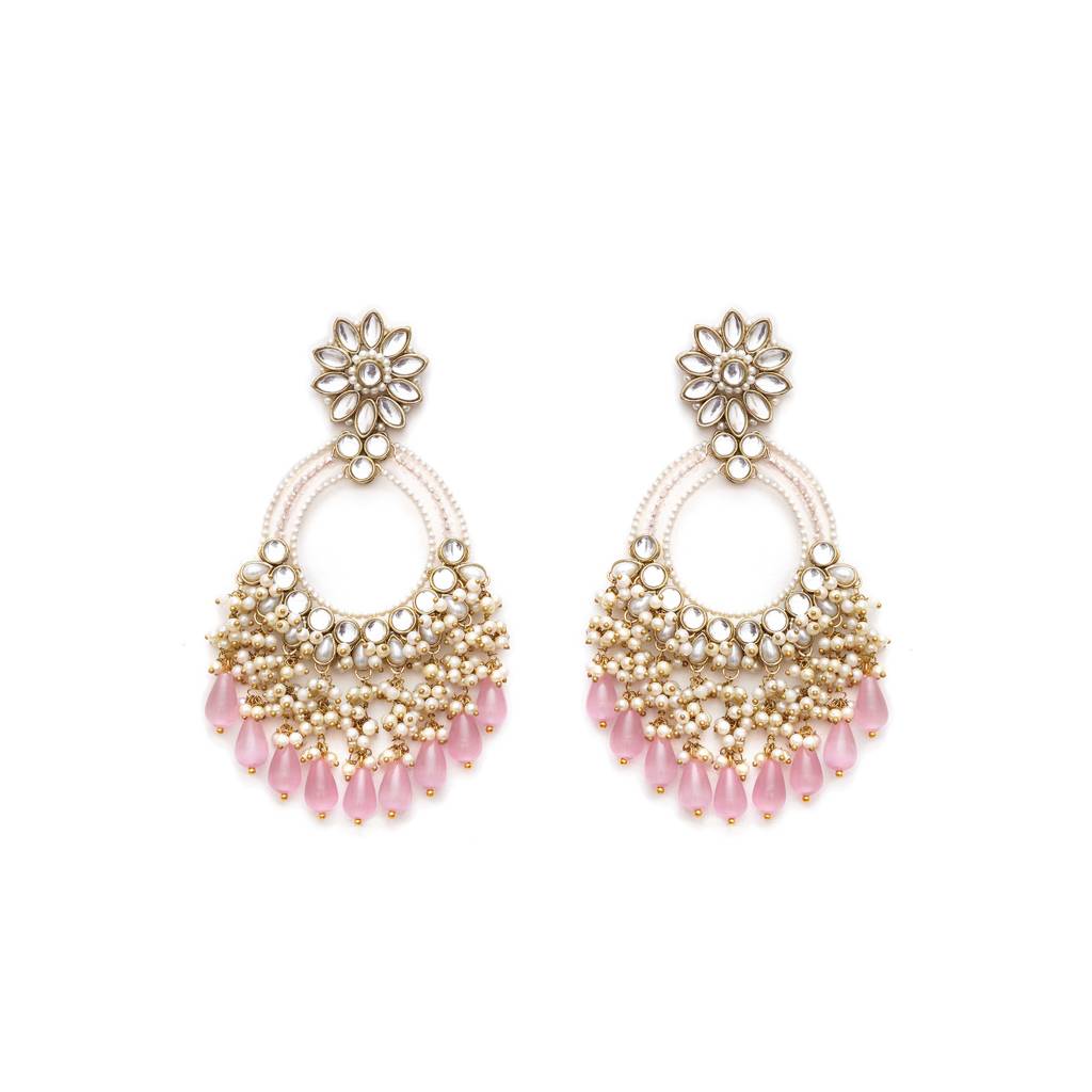 Rose Pink Crystal Kundan Chandbali Earrings With Pearls : ACE298