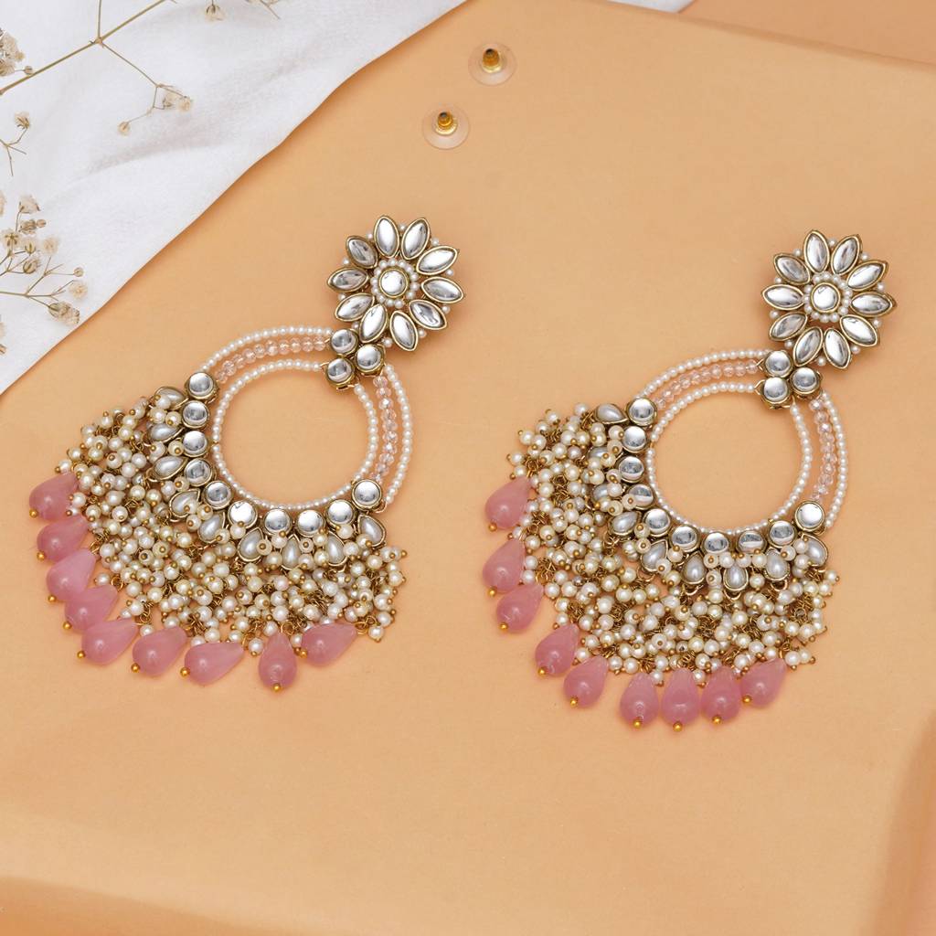 Rose Pink Crystal Kundan Chandbali Earrings With Pearls : ACE298