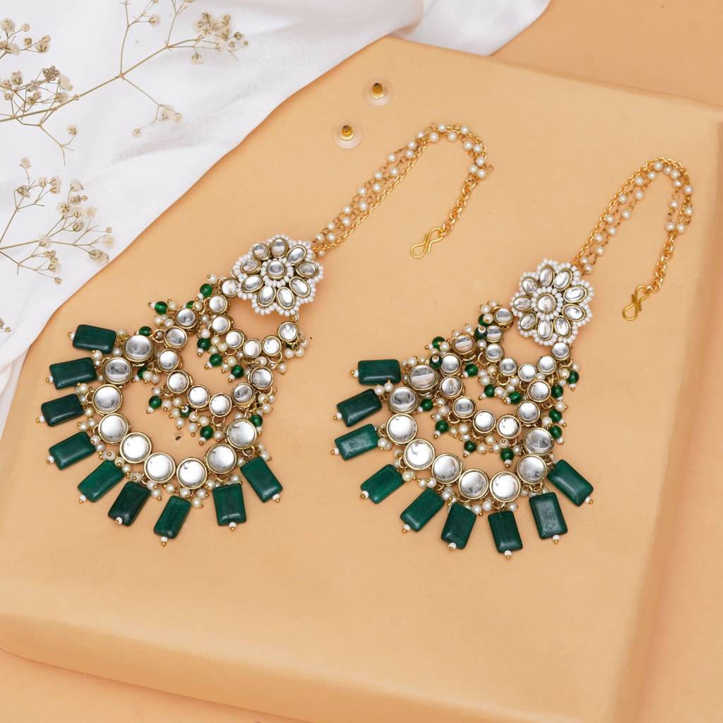Traditional Kundan Chandelier Earrings With Green Stones