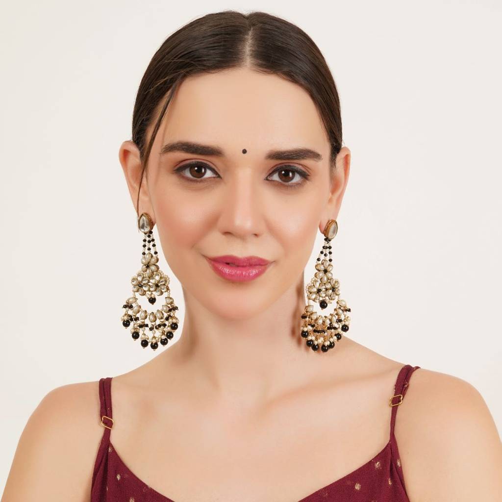 Black Beaded Kundan Chandbali Earrings : ACE306