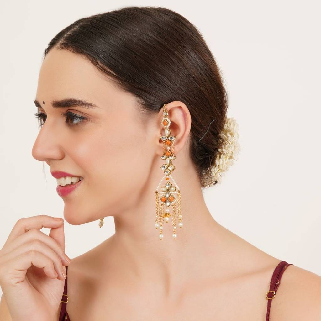 Orange Kundan Dangler Earrings With Ear Chain : ACE308