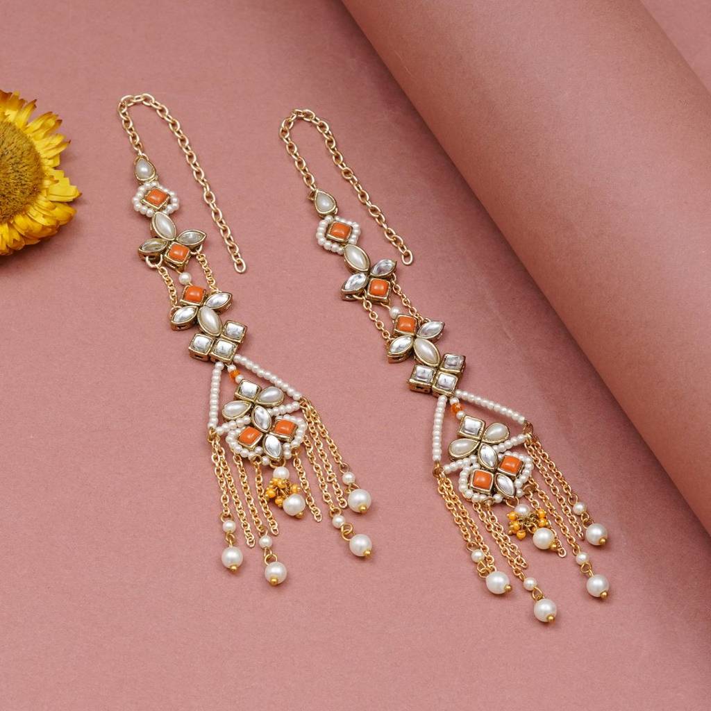 Orange Kundan Dangler Earrings With Ear Chain : ACE308