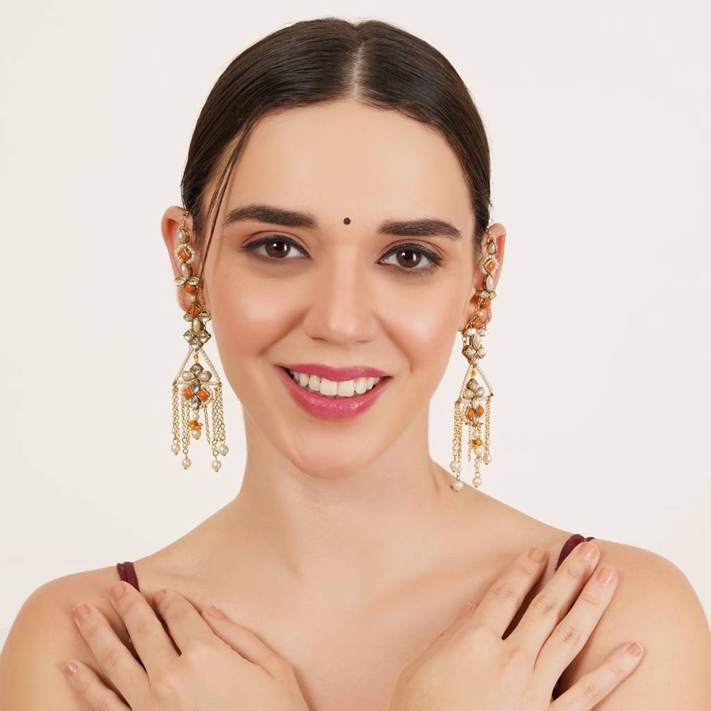 Orange Kundan Dangler Earrings With Ear Chain : ACE308