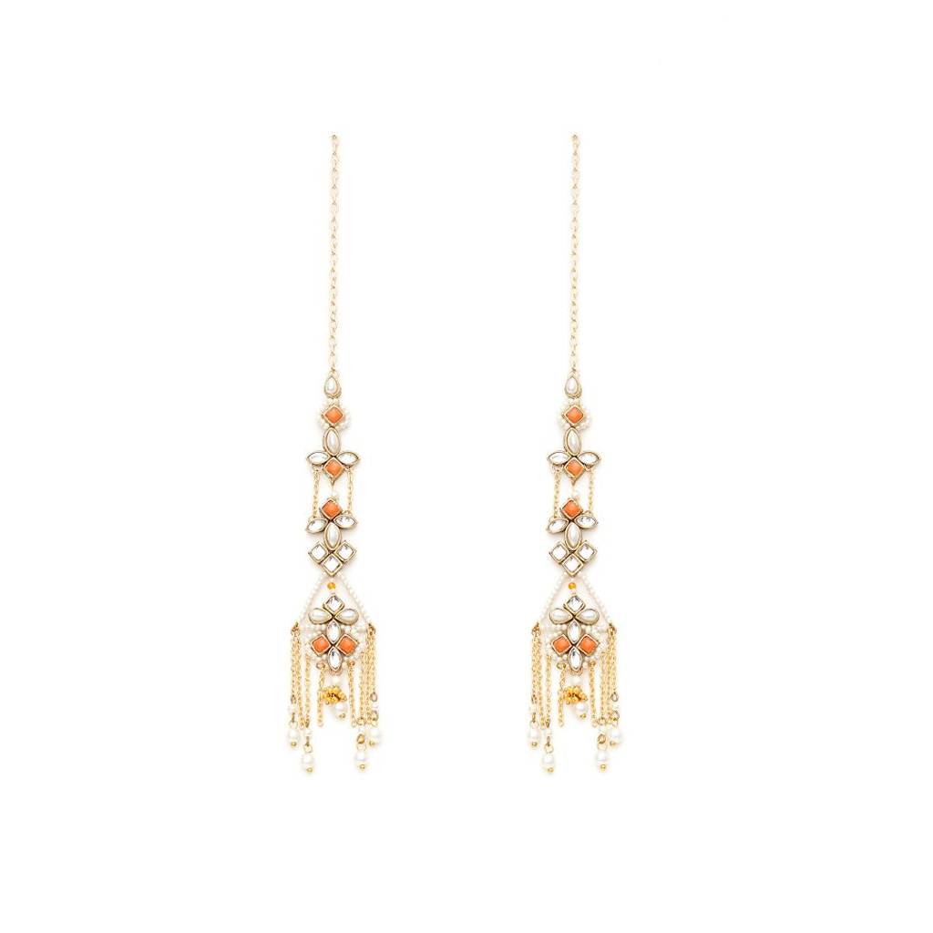Orange Kundan Dangler Earrings With Ear Chain : ACE308