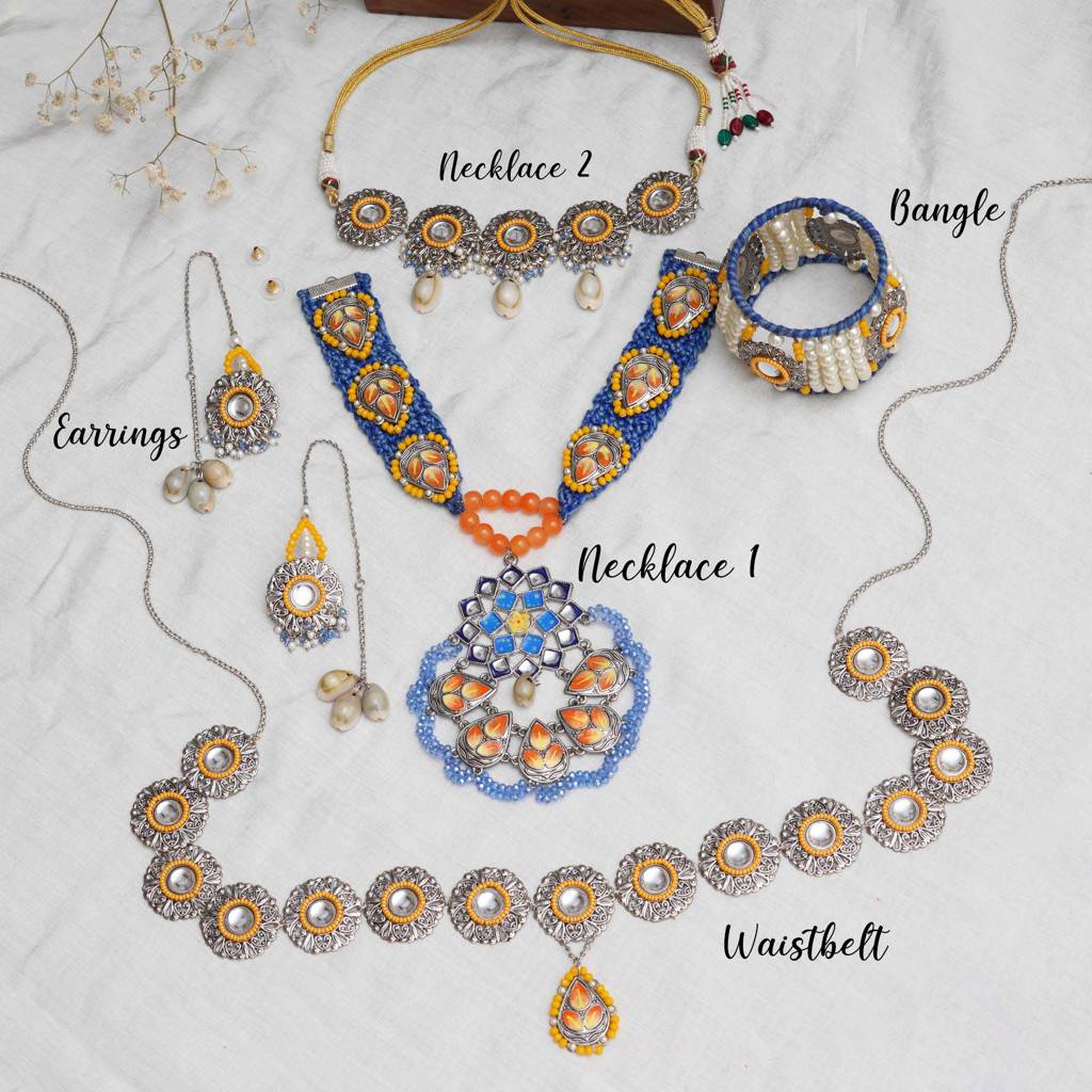 Boho-Inspired Complete Kundan Jewelry Set With Bangle,Necklace, Waistbelt, And Earrings : ACFS003