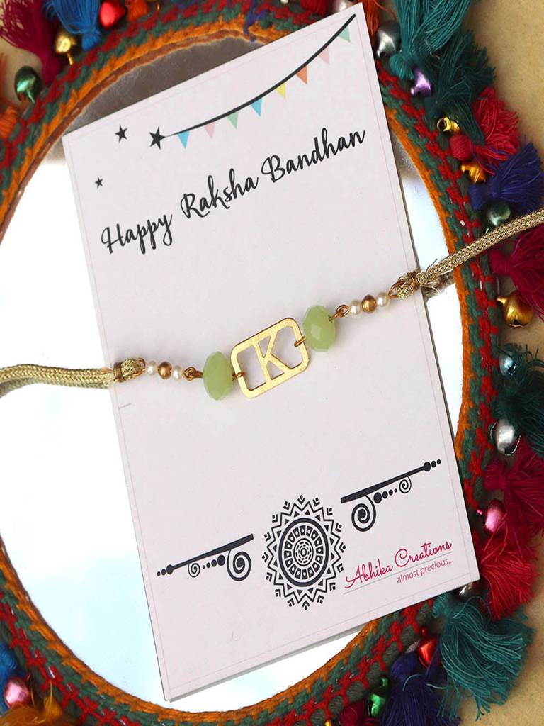 Personalised Sea Green Bead Rakhi With Roli Chawal : ACJR010