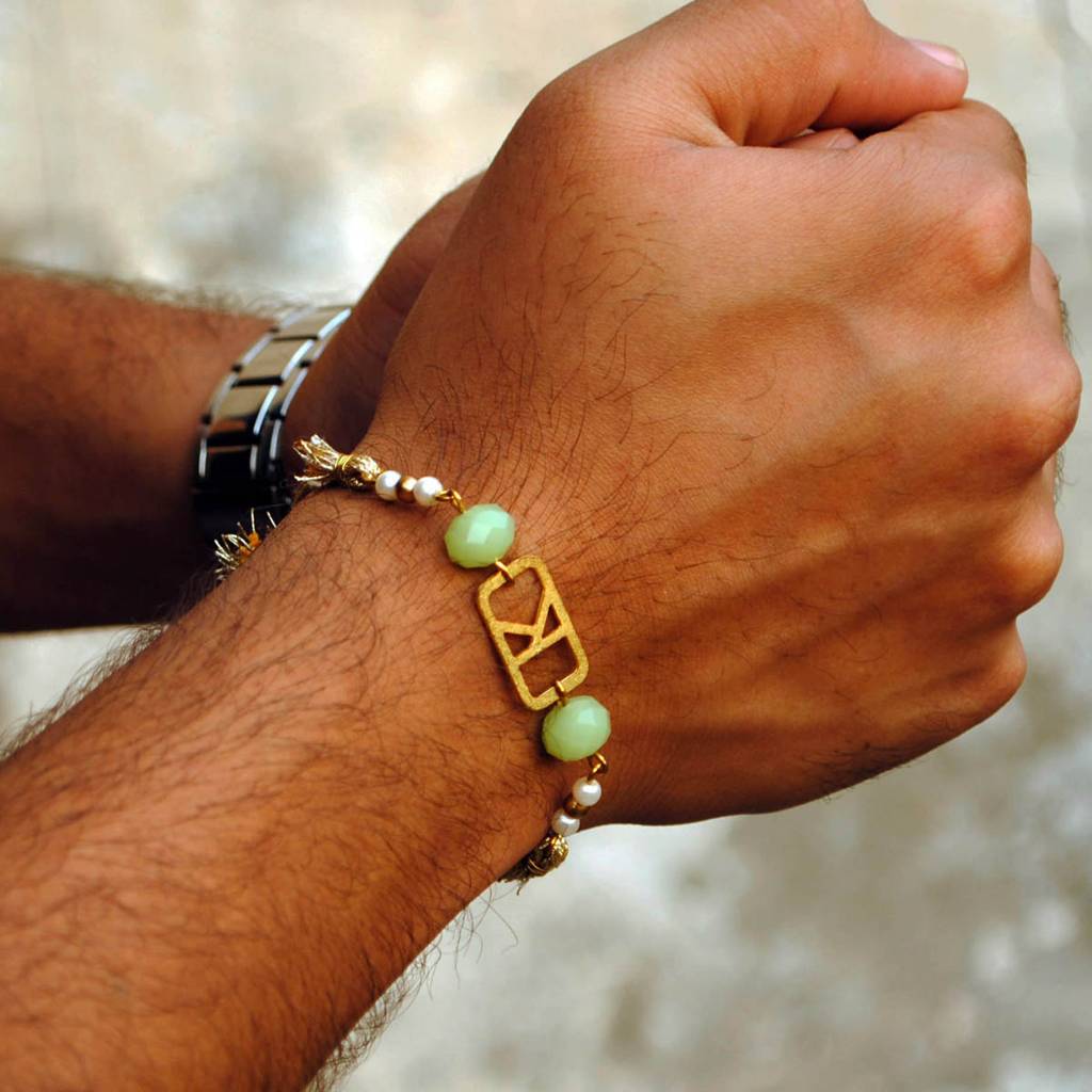 Personalised Sea Green Bead Rakhi With Roli Chawal : ACJR010