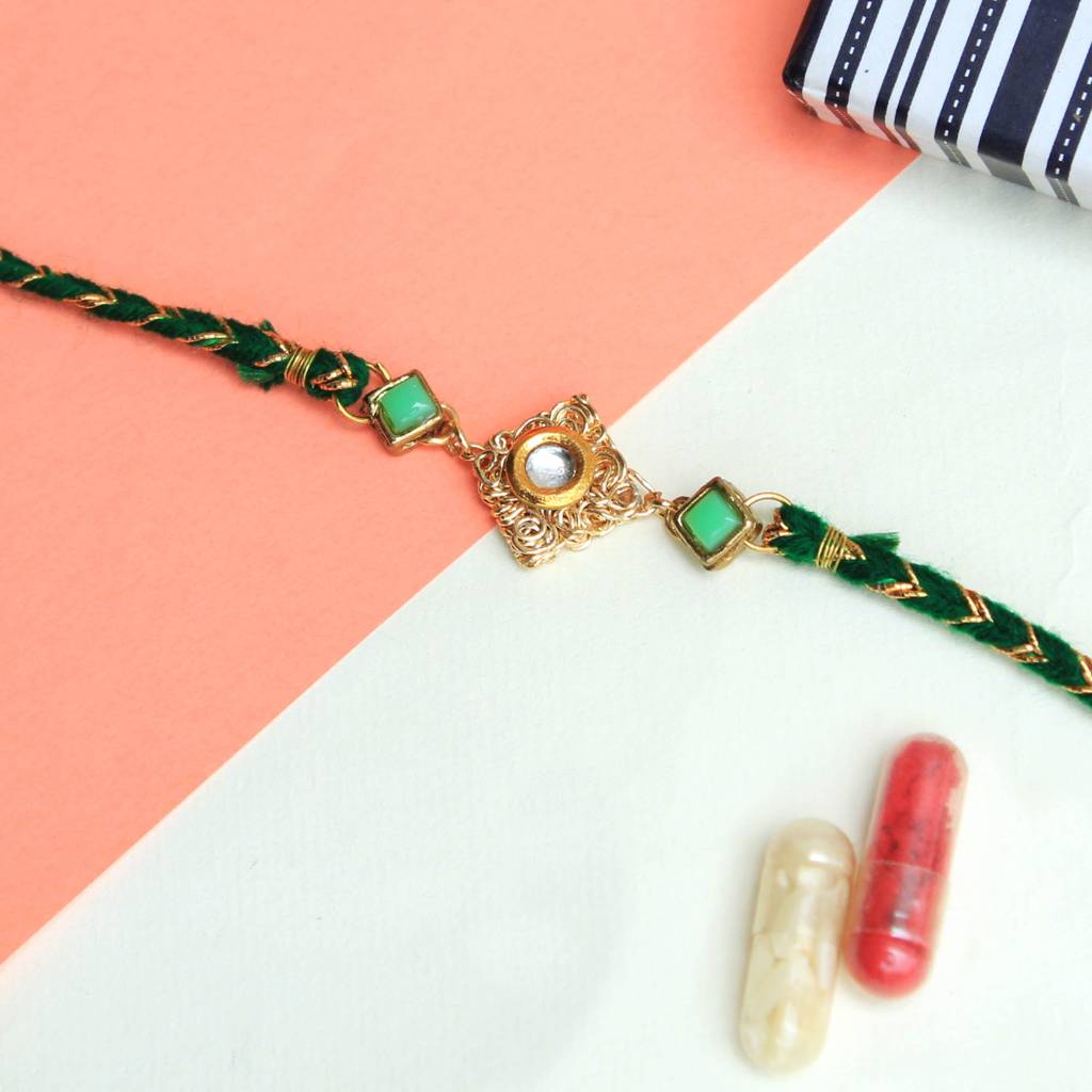 Green Kundan With Mesh Rakhi With Roli Chawal : ACJR025