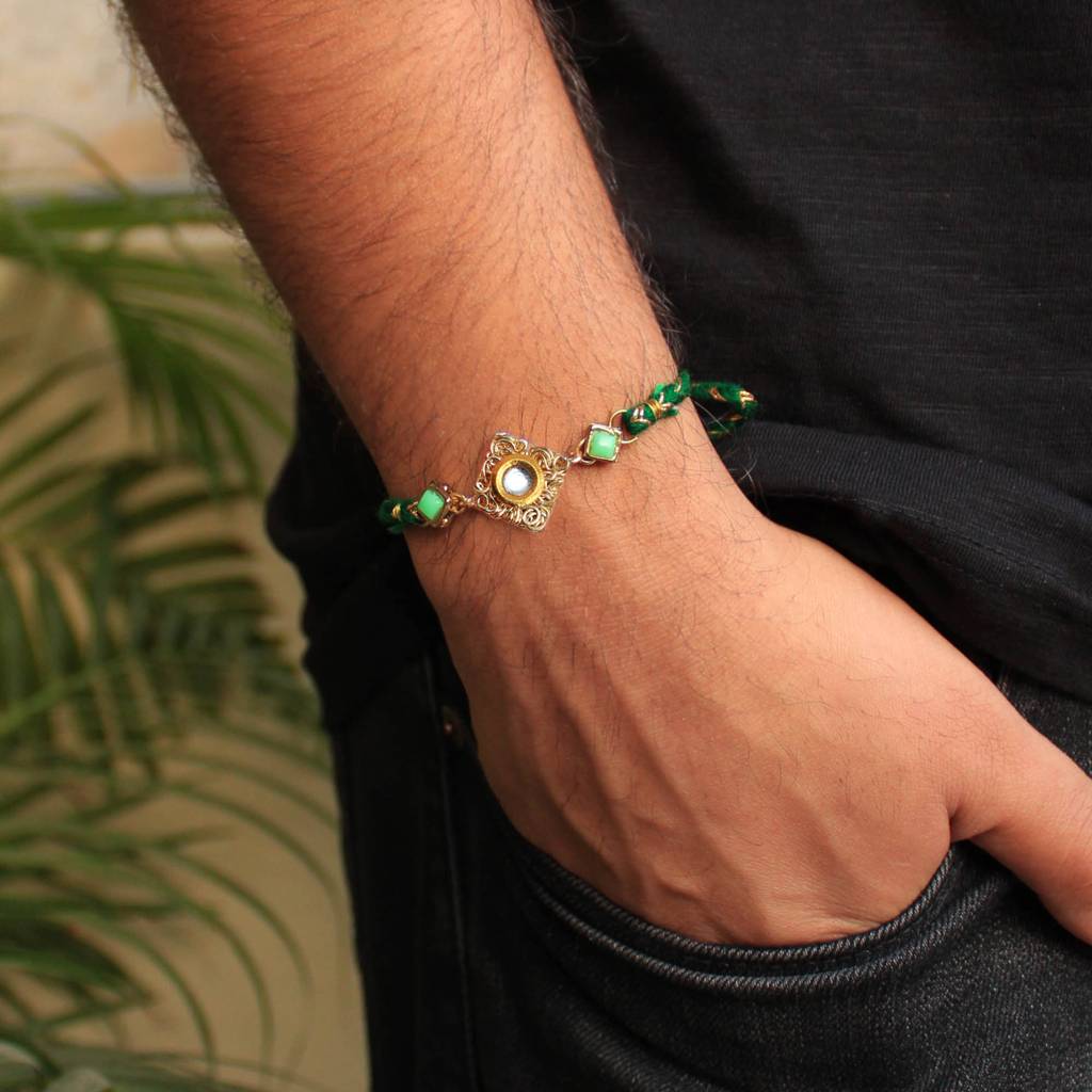 Green Kundan With Mesh Rakhi With Roli Chawal : ACJR025