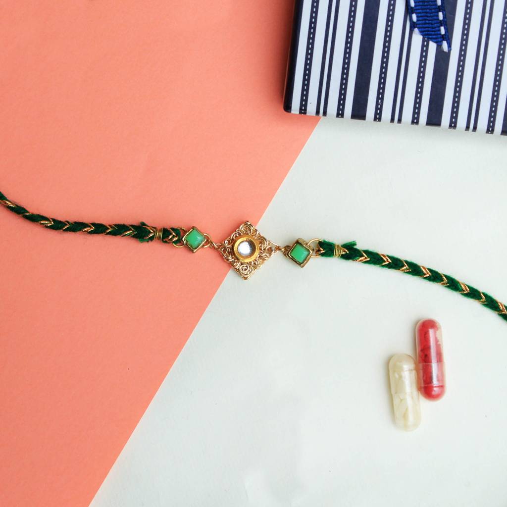 Green Kundan With Mesh Rakhi With Roli Chawal : ACJR025