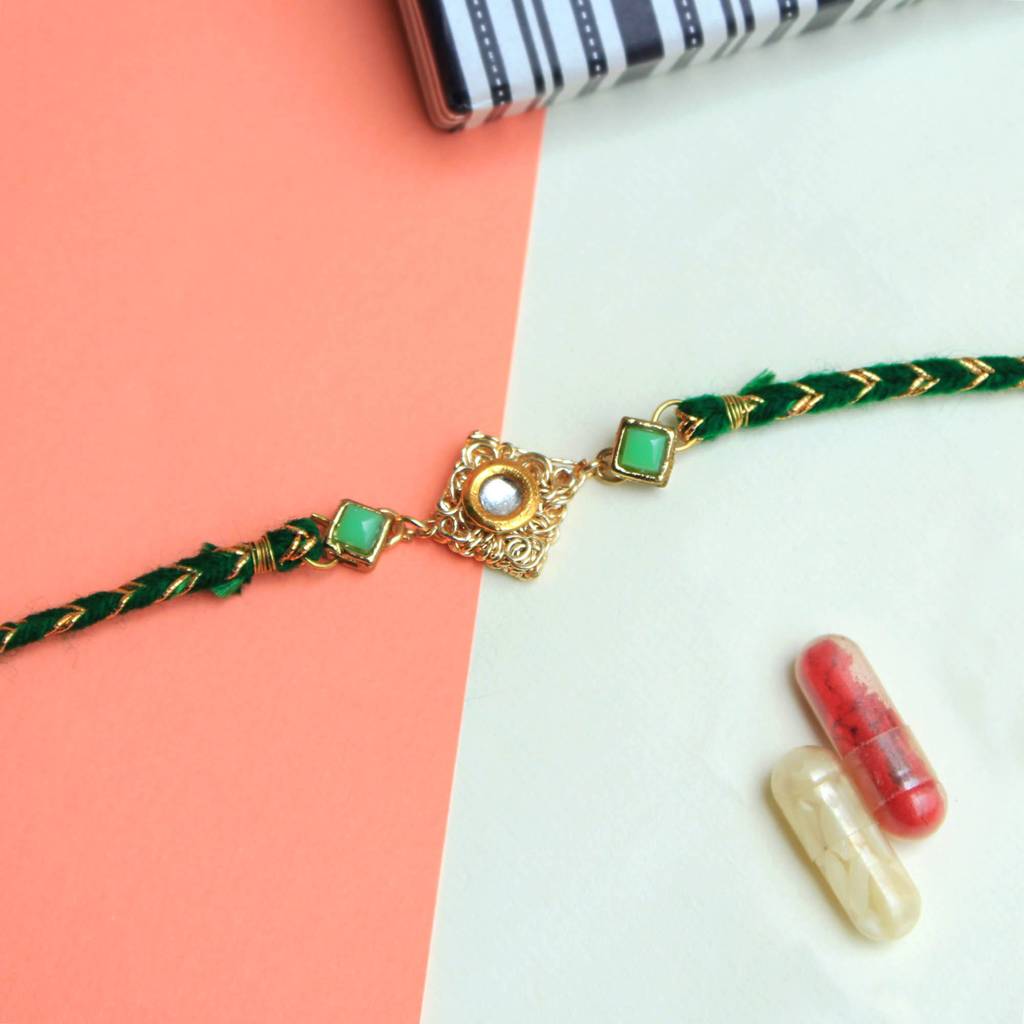 Green Kundan With Mesh Rakhi With Roli Chawal : ACJR025