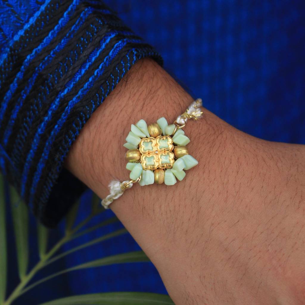 Lush Green Rakhi With Roli Chawal : ACJR042