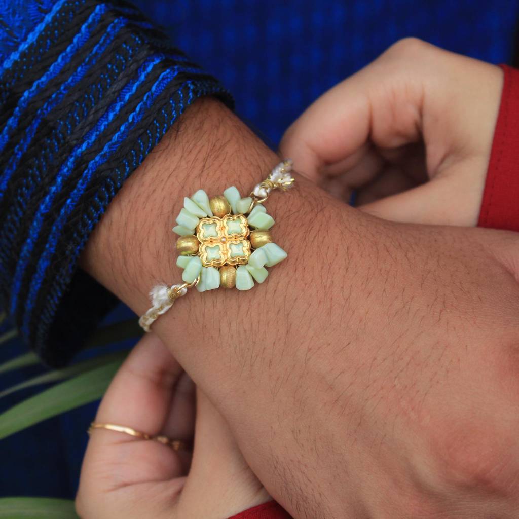Lush Green Rakhi With Roli Chawal : ACJR042