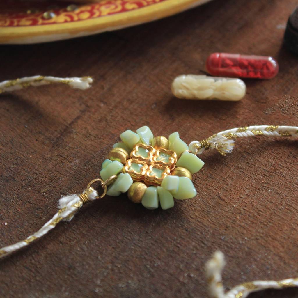 Lush Green Rakhi With Roli Chawal : ACJR042
