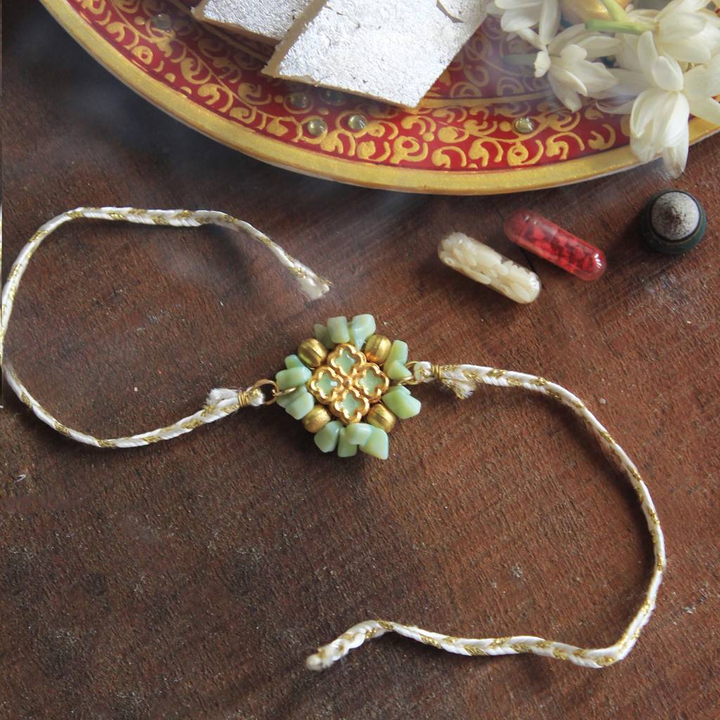Lush Green Rakhi With Roli Chawal : ACJR042