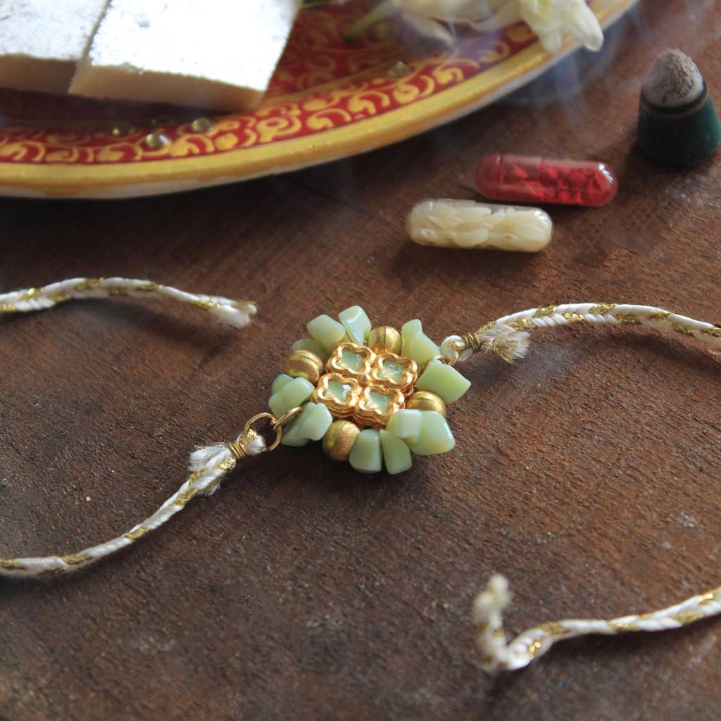 Lush Green Rakhi With Roli Chawal : ACJR042