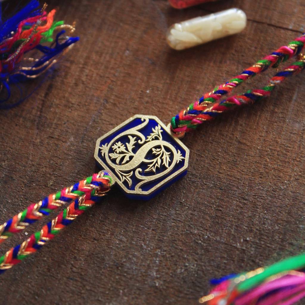 Royal Blue Floral Initial Personalised Rakhi With Roli Chawal : ACJR045