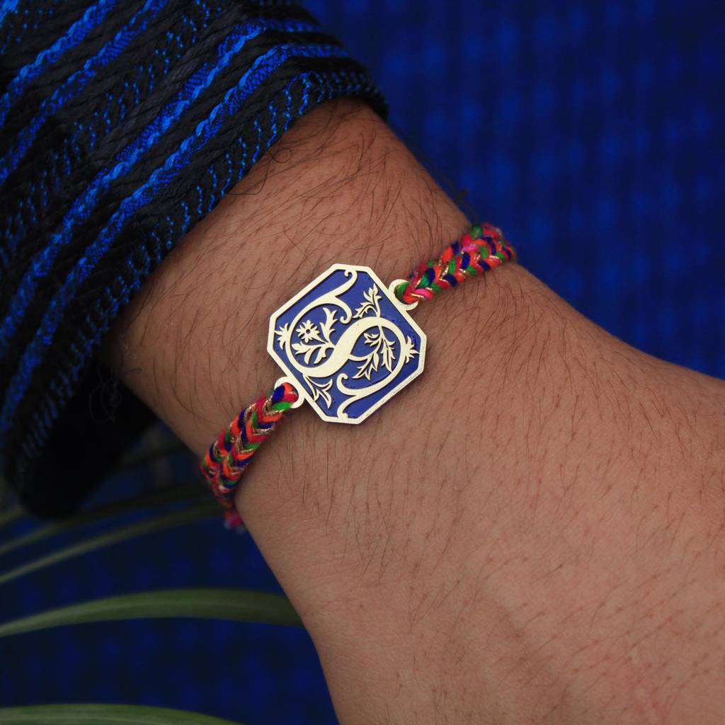 Royal Blue Floral Initial Personalised Rakhi With Roli Chawal : ACJR045