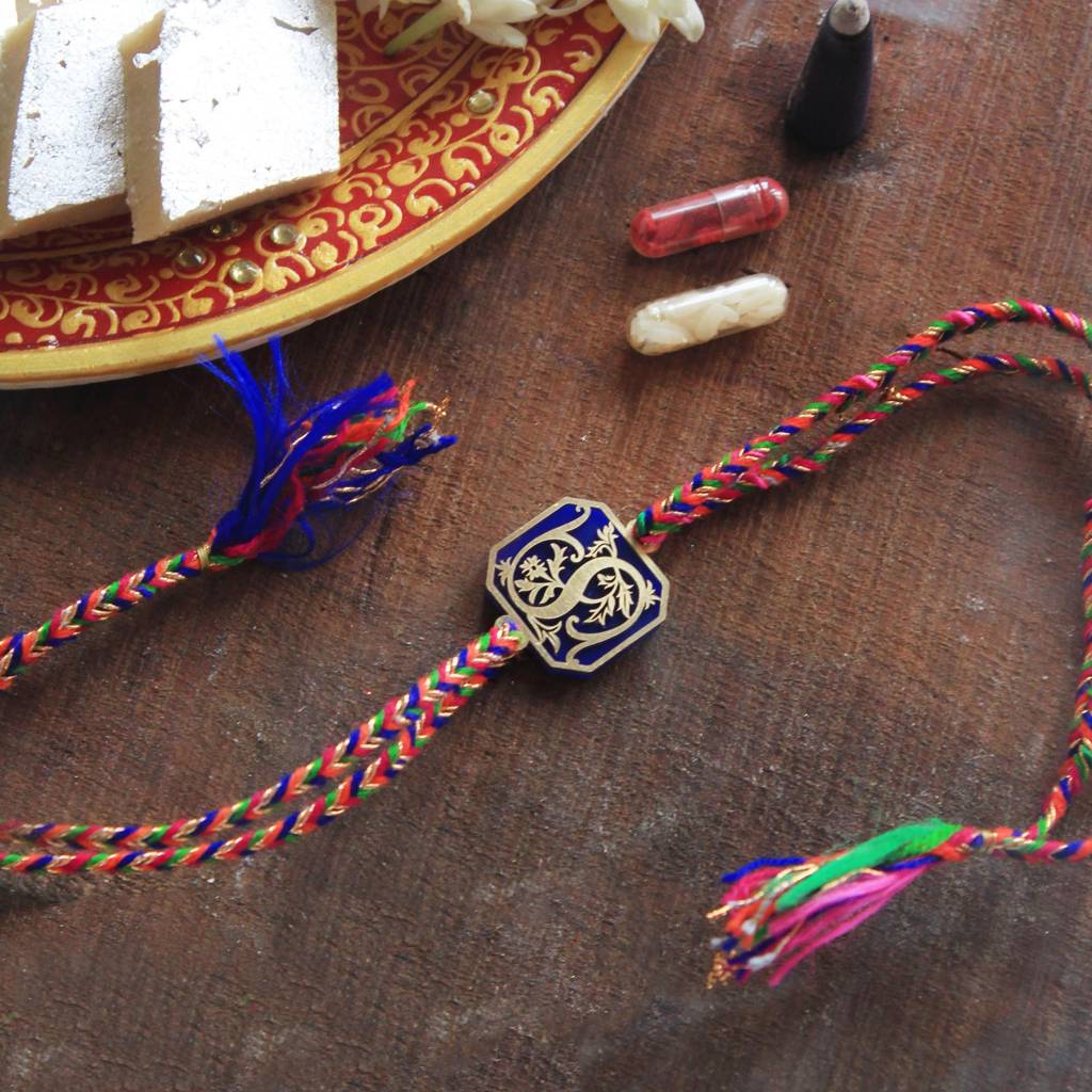Royal Blue Floral Initial Personalised Rakhi With Roli Chawal : ACJR045