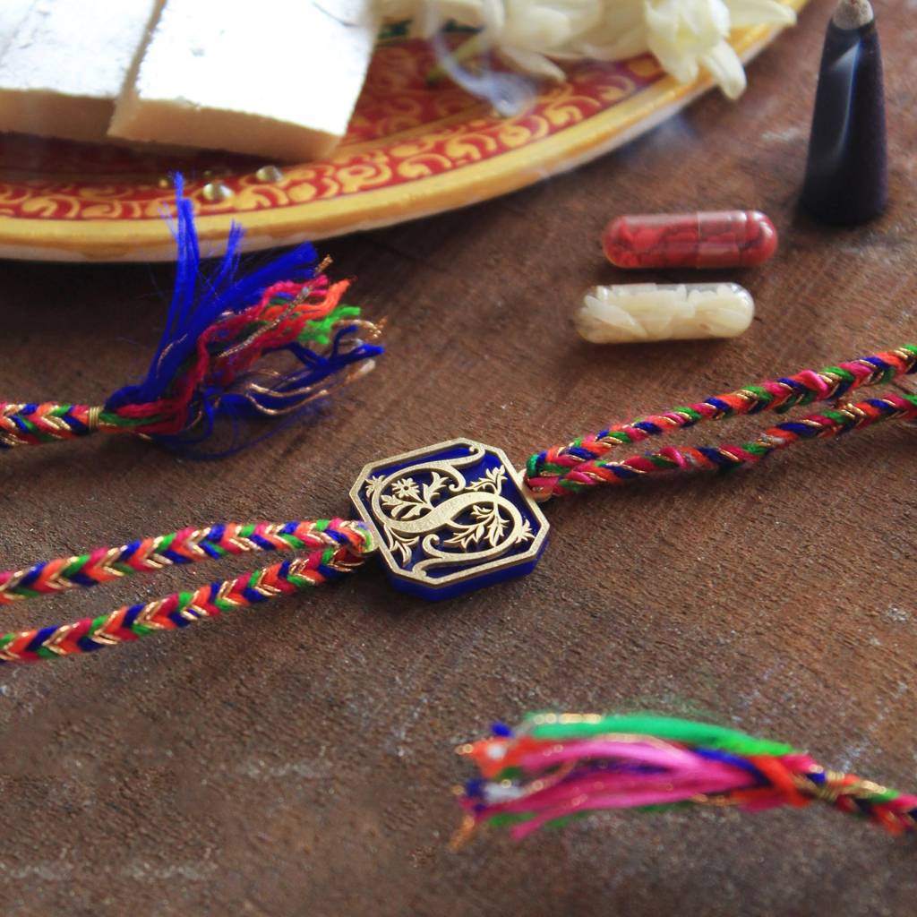 Royal Blue Floral Initial Personalised Rakhi With Roli Chawal : ACJR045