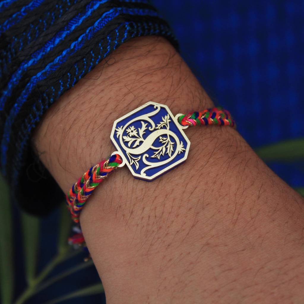 Royal Blue Floral Initial Personalised Rakhi With Roli Chawal : ACJR045