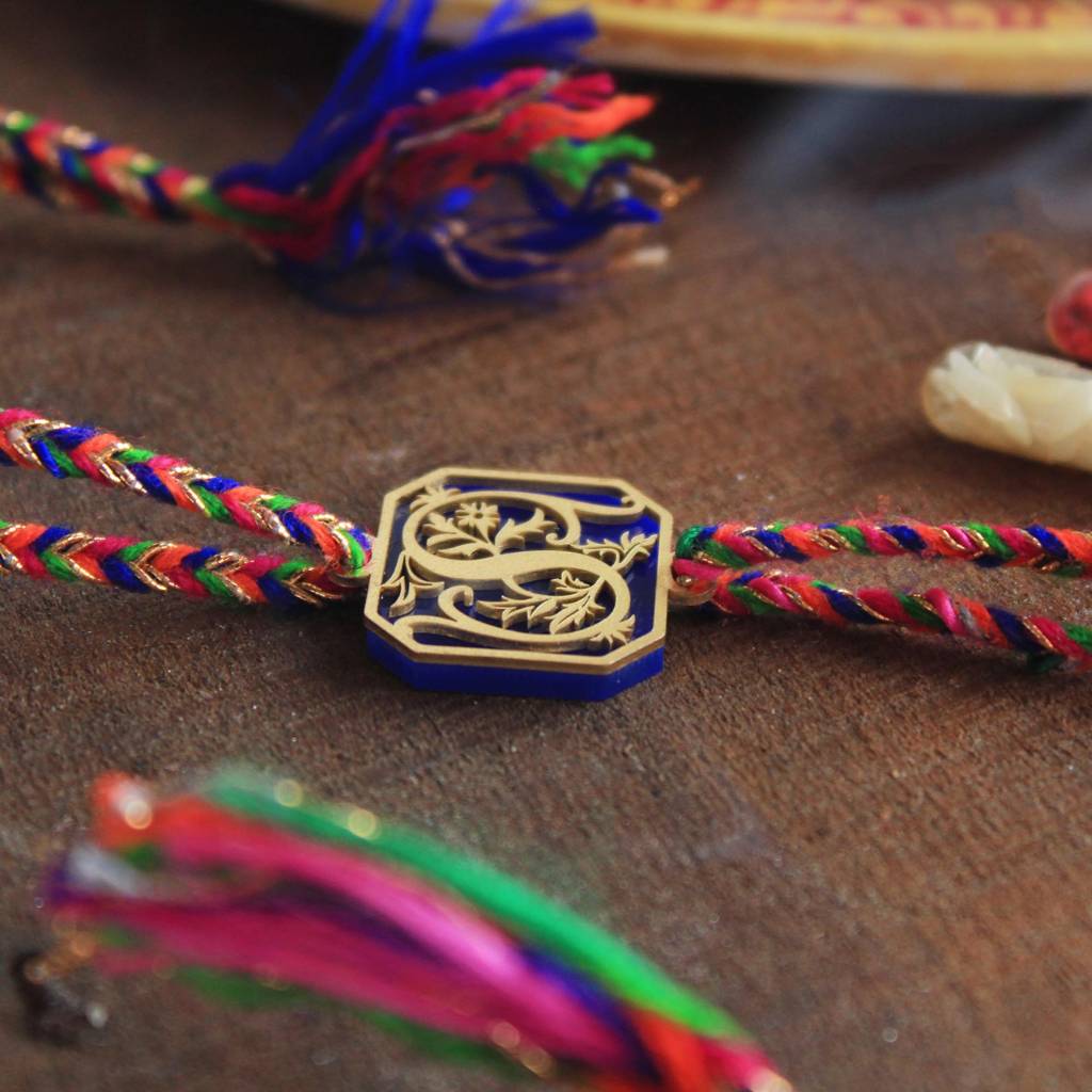 Royal Blue Floral Initial Personalised Rakhi With Roli Chawal : ACJR045