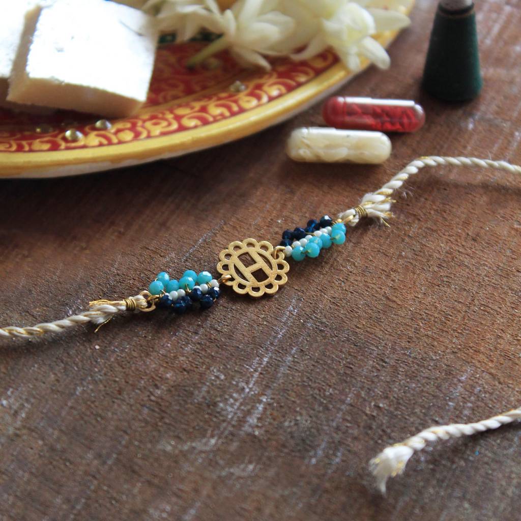 Royal Initial Bead Rakhi With Roli Chawal : ACJR048