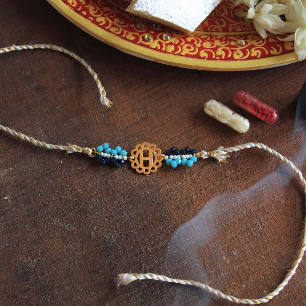 Royal Initial Bead Rakhi With Roli Chawal : ACJR048