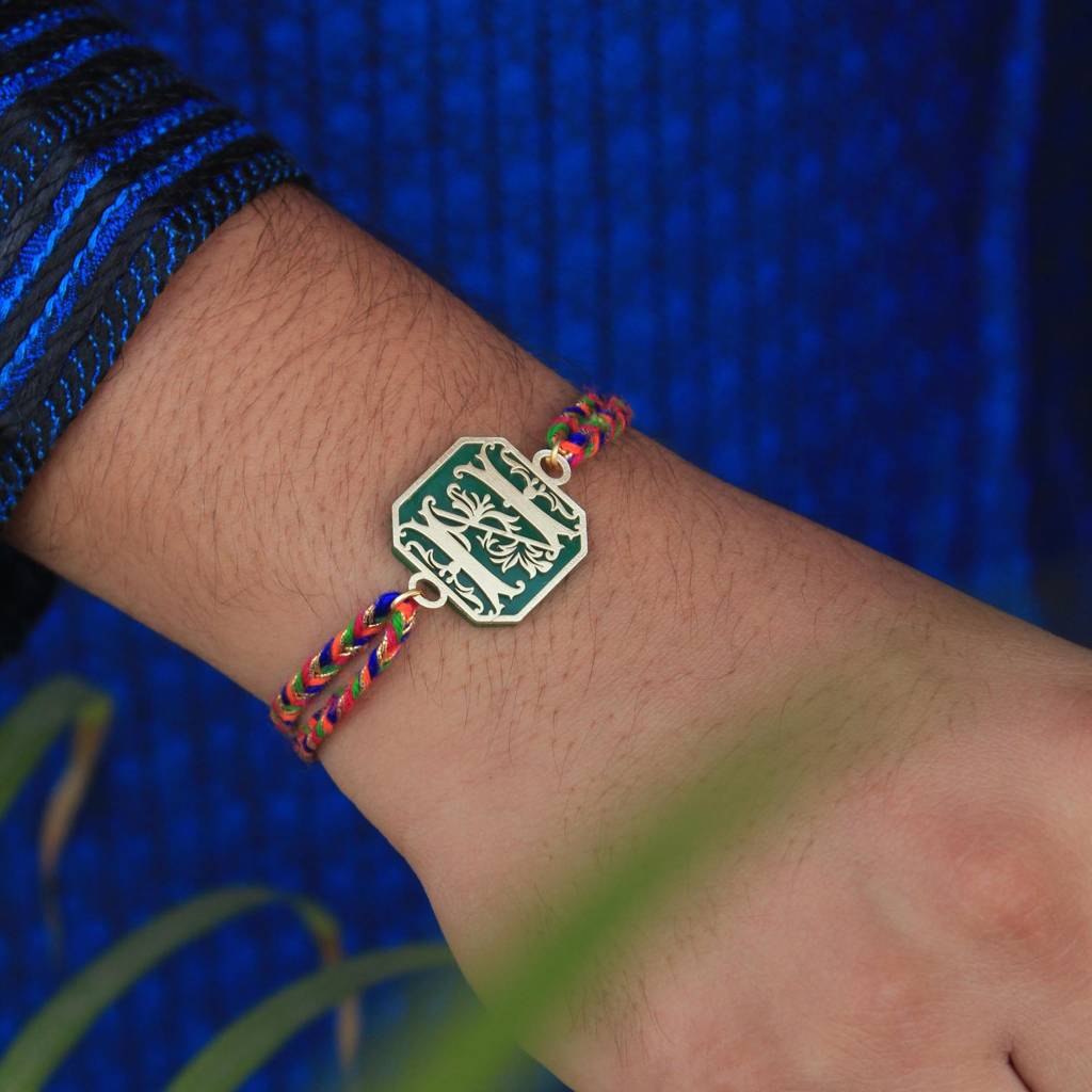 Green Floral Initial Acrylic Rakhi With Roli Chawal : ACJR061