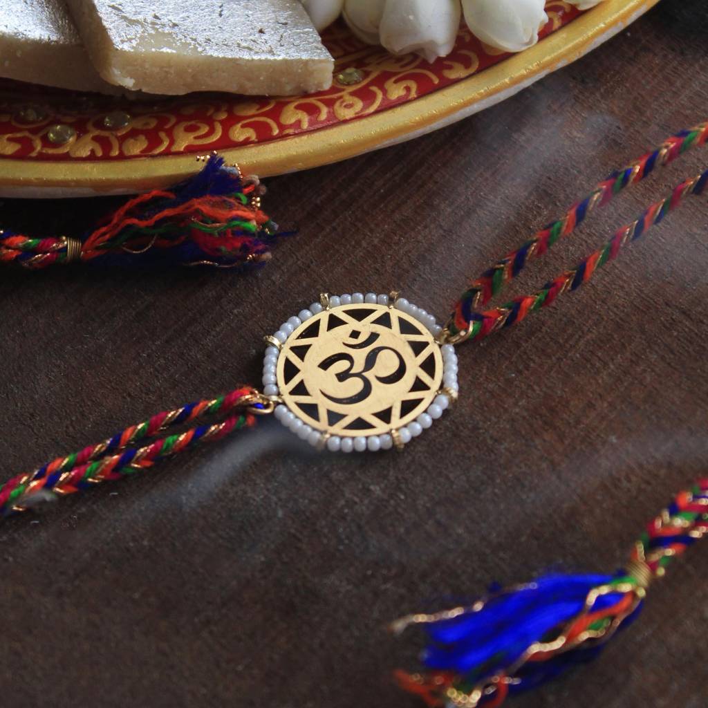 Golden Beaded Om Rakhi With Roli Chawal : ACJR064