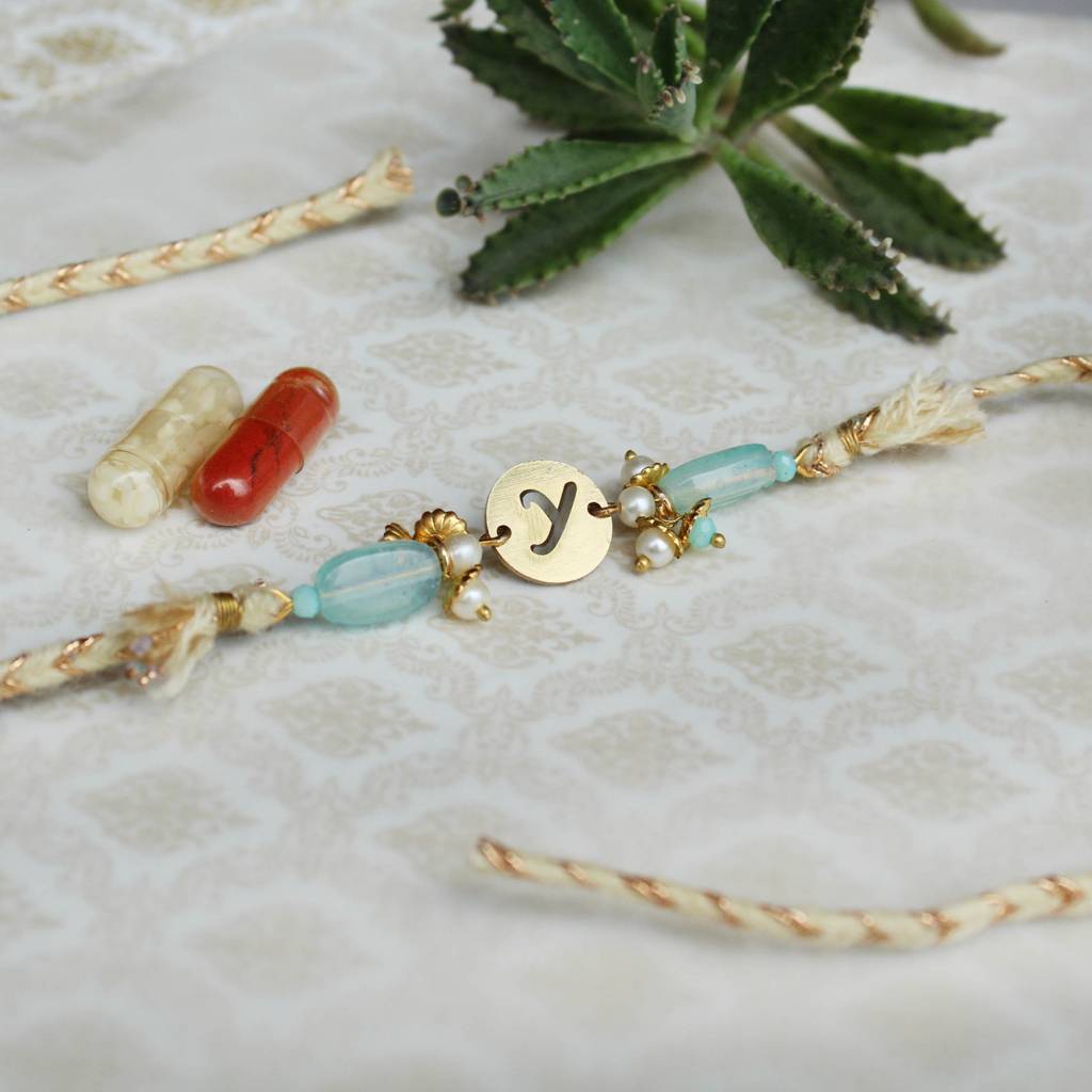 Shades Of Sea Green Stones Personalised Rakhi With Roli Chawal : ACJR076