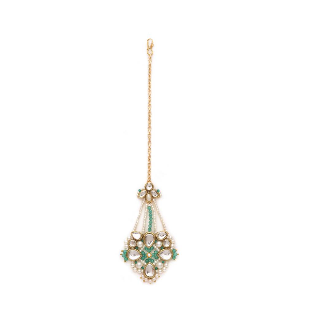 White Pearl Green Beads Maangtikka : ACM013