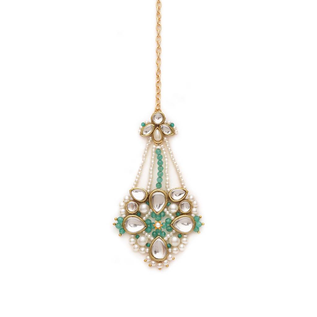 White Pearl Green Beads Maangtikka : ACM013