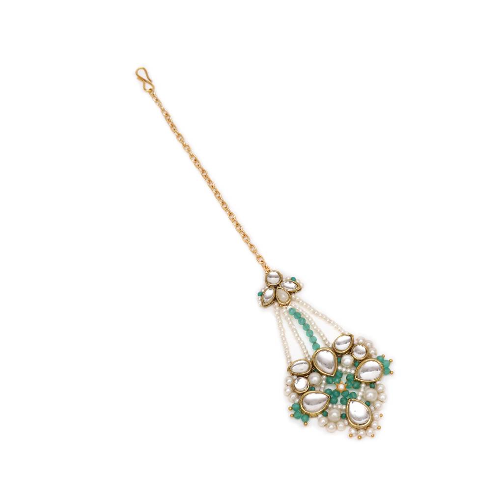 White Pearl Green Beads Maangtikka : ACM013