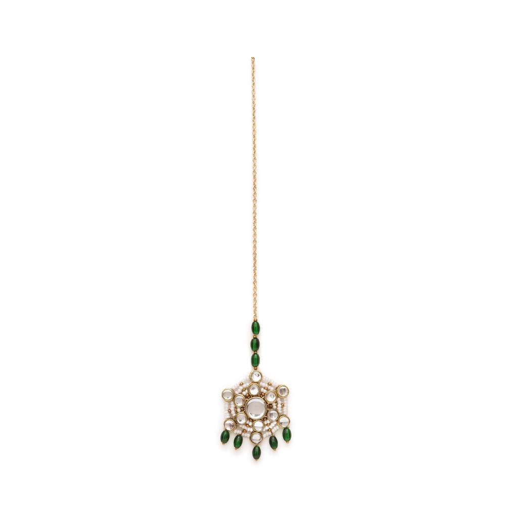 Pearl And Kundan Green Stone Maangtikka : ACM014