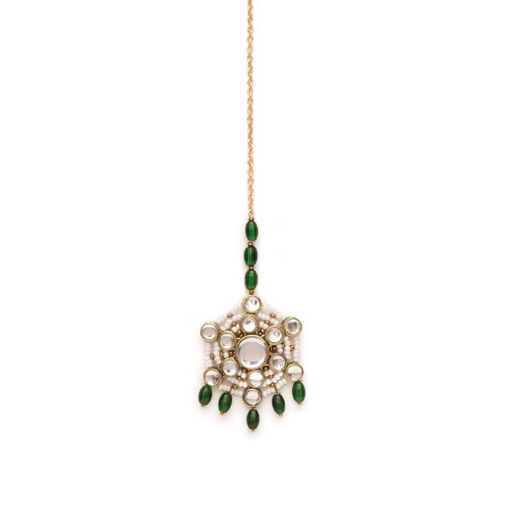 Pearl And Kundan Green Stone Maangtikka : ACM014